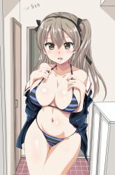 Rule 34 | 1girl, aged up, alternate breast size, asuka keisuke, bikini, black bikini, black ribbon, blue bikini, blush, breasts, brown eyes, brown hair, cleavage, collarbone, commentary request, cowboy shot, frown, girls und panzer, hair between eyes, hair ribbon, highres, indoors, large breasts, long hair, looking at viewer, navel, open mouth, ribbon, shimada arisu, skindentation, solo, striped bikini, striped clothes, swimsuit, thighs, two side up