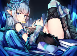 Rule 34 | 10s, 1girl, bare shoulders, black dress, blue eyes, blunt bangs, chips (food), crystal, detached sleeves, dress, erin (granblue fantasy), eyebrows, food, food in mouth, from side, granblue fantasy, hair ornament, handheld game console, knees up, long hair, looking at viewer, looking to the side, lying, mouth hold, on back, orihi chihiro, playing games, playstation vita, pointy ears, potato chips, short dress, solo, x hair ornament