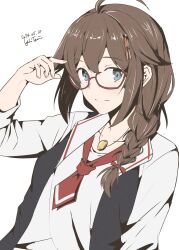 Rule 34 | 1girl, ahoge, artist name, bespectacled, black vest, blue eyes, braid, brown hair, dated, glasses, hair flaps, hair ornament, hair over shoulder, highres, kantai collection, long hair, neckerchief, official alternate costume, red-framed eyewear, red neckerchief, shigure (kancolle), shigure kai ni (kancolle), shirt, simple background, single braid, solo, taira yuuki, upper body, vest, white background, white shirt