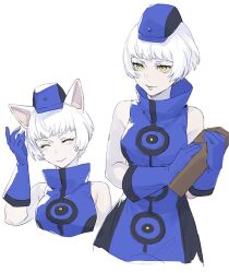 Rule 34 | 1girl, animal ears, bare shoulders, blue dress, blue gloves, blue headwear, blunt bangs, breasts, cat day, cat ears, closed eyes, closed mouth, commentary, dress, elizabeth (persona), gloves, hand up, hat, high collar, isa (peien516), kemonomimi mode, light blush, medium breasts, mini hat, multiple views, pale skin, persona, persona 3, short hair, sleeveless, sleeveless dress, smile, white background, white hair, yellow eyes