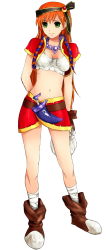Rule 34 | 1girl, absurdres, bad id, bad pixiv id, chrono (series), chrono cross, cosplay, crop top, full body, green eyes, hairband, highres, himasen, jewelry, kid (chrono cross), kid (chrono cross) (cosplay), leena (chrono cross), long hair, looking at viewer, midriff, navel, necklace, orange hair, simple background, skirt, smile, solo, vest, white background