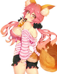 Rule 34 | 10s, 1girl, animal ears, bad id, bad pixiv id, bare shoulders, breasts, fate/extra, fate (series), fox ears, fox tail, highres, large breasts, long hair, looking at viewer, looking to the side, official alternate costume, pink hair, ratio (ratio-d), shirt, shorts, sideboob, solo, striped clothes, striped shirt, tail, tamamo (fate), tamamo no mae (fate/extra), tamamo no mae (spring casual) (fate), thighs, yellow eyes