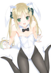 Rule 34 | 1girl, :d, animal ears, arm support, bare shoulders, black pantyhose, blonde hair, blush, detached collar, fake animal ears, flat chest, green eyes, hair ornament, kani biimu, leaning back, leotard, long hair, looking at viewer, open mouth, original, pantyhose, playboy bunny, rabbit ears, sitting, smile, solo, tsukumo-tan, wariza, wrist cuffs