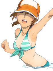 Rule 34 | 1girl, armpits, bad id, bad pixiv id, baseball cap, bikini, brown hair, closed eyes, front-tie top, hat, leia rolando, maruishi, official alternate costume, open mouth, orange hat, partially submerged, smile, solo, striped, swimsuit, tales of (series), tales of xillia, tan, tanline, wading, water
