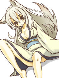 Rule 34 | 1girl, animal ears, barefoot, breasts, cleavage, fox ears, fox tail, hair between eyes, inari, japanese clothes, kimono, large breasts, long hair, looking at viewer, obi, open clothes, original, sash, senhappyaku, simple background, sitting, solo, tail, white background, white hair, yellow eyes