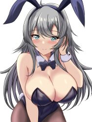 Rule 34 | 1girl, ahoge, animal ears, black bow, black bowtie, black leotard, blush, bow, bowtie, breasts, brown pantyhose, cleavage, detached collar, fake animal ears, fake tail, grey eyes, grey hair, highleg, highleg leotard, highres, kantai collection, large breasts, leotard, long hair, looking at viewer, montemasa, pantyhose, playboy bunny, rabbit ears, rabbit tail, simple background, solo, strapless, strapless leotard, tail, traditional bowtie, washington (kancolle), white background, wrist cuffs