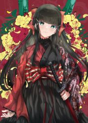 Rule 34 | 1girl, alternate costume, artist name, artist request, black hair, black kimono, black skirt, blunt bangs, bow, breasts, bug, butterfly, commentary request, corset, female focus, floral print, flower, flower print, green eyes, hair bow, hair ornament, hair ribbon, hairclip, hairpin, half updo, highres, hime cut, holding, holding sword, holding weapon, insect, japanese clothes, katana, kimono, kimono skirt, kurosawa dia, long hair, long sleeves, looking at viewer, love live!, love live! school idol festival, love live! sunshine!!, medium breasts, miniskirt, mole, mole under mouth, nanao (m44132yf), obi, perfect sekai, perfect sekai (love live!), plaid, plaid kimono, plaid skirt, pleated, pleated skirt, red background, red bow, red butterfly, red flower, red kimono, ribbon, sash, sheath, sidelocks, skirt, solo, striped, striped bow, sword, two-tone kimono, weapon, wide sleeves, yellow flower