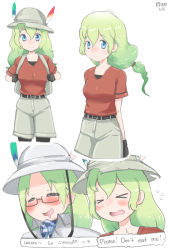 Rule 34 | &gt; &lt;, 10s, 2017, alternate hair color, alternate hair length, alternate hairstyle, backpack, bag, belt, blouse, blue eyes, bucket hat, commentary, dated, english text, closed eyes, frankseven, glasses, gloves, green hair, hair between eyes, hat, hat feather, highres, kaban (kemono friends), kemono friends, long hair, low ponytail, mirai (kemono friends), aged up, pantyhose, red shirt, shirt, shorts