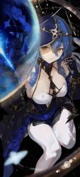 Rule 34 | 1girl, a.t. zero, absurdres, black gloves, blue hair, blue hood, blue sleeves, breasts, claw ring, cleavage, commentary, detached sleeves, drill hair, genshin impact, gloves, hair between eyes, highres, hood, hood up, jewelry, large breasts, layla (genshin impact), long hair, long sleeves, looking at viewer, neck ring, orb, outstretched hand, pants, parted lips, shirt, sidelocks, solo, symbol-only commentary, thighs, white pants, white shirt, yellow eyes