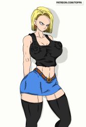 Rule 34 | android 18, ass, belt, big-breasts, blonde hair, blue eyes, breasts, c18, clothes, dbz, dragon ball, dragonball z, highres, huge ass, huge breasts, huge nipples, impossible clothes, large breasts, nipples, skirt, thighhighs, watermark, web address