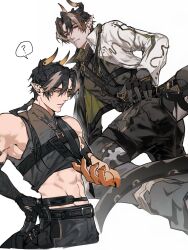 Rule 34 | 1boy, ?, abs, arknights, black hair, black pants, black shirt, brown hair, chong yue (alighting) (arknights), chong yue (arknights), clothes lift, collared jacket, commentary request, cropped legs, disembodied hand, dragon horns, dragon tail, earrings, feet out of frame, gyulseu, hair over shoulder, highres, horns, huai tianpei (arknights), jacket, jewelry, korean commentary, long hair, long sleeves, long tail, looking at viewer, looking back, low ponytail, male focus, mandarin collar, multicolored hair, multiple views, open clothes, open jacket, pants, parted lips, pointy ears, red eyes, shirt, shirt lift, simple background, sleeveless, speech bubble, spoken question mark, stomach, streaked hair, tail, toned, toned male, upper body, white background, white jacket