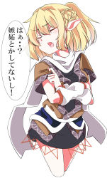 Rule 34 | 1girl, absurdres, arm warmers, blonde hair, braid, commentary request, cropped legs, crossed arms, closed eyes, gokuu (acoloredpencil), highres, looking away, miniskirt, mizuhashi parsee, pointy ears, ponytail, scarf, shirt, short sleeves, simple background, solo, touhou, translation request, white background, white scarf