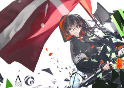 Rule 34 | 1girl, armband, black eyes, black hair, crescent, cross, dutch angle, english text, flag, glasses, highres, hime cut, holding, hood, hoodie, katana, lin+, long hair, looking at viewer, open mouth, original, sheath, signature, solo, sword, unsheathing, weapon