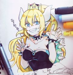 Rule 34 | 1girl, art tools in frame, bare shoulders, black dress, blonde hair, blue eyes, bowsette, bracelet, breasts, claw pose, cleavage, collar, collarbone, commentary request, crown, dress, earrings, fingernails, grin, hair between eyes, hands up, horns, jewelry, large breasts, long fingernails, long hair, mario (series), mini crown, new super mario bros. u deluxe, nintendo, photo (medium), pointy ears, ponytail, sharp fingernails, sharp teeth, sidelocks, smile, sofra, solo, spiked bracelet, spiked collar, spikes, strapless, strapless dress, super crown, teeth, traditional media, turtle shell, v-shaped eyebrows, very long hair