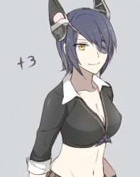 Rule 34 | 10s, 1girl, alternate costume, breasts, cleavage, eyepatch, groin, headgear, kantai collection, looking at viewer, midriff, navel, purple hair, short hair, smile, solo, tenryuu (kancolle), toruglose, yellow eyes