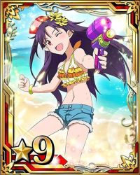 Rule 34 | 10s, 1girl, beach, blue shorts, bracelet, breasts, card (medium), cleavage, collarbone, crop top, day, flower, gun, hair flower, hair ornament, hat, holding, holding gun, holding weapon, jewelry, long hair, looking at viewer, navel, ocean, one eye closed, open mouth, pointy ears, purple hair, red eyes, short shorts, shorts, small breasts, solo, star (symbol), sword art online, water gun, weapon, yellow flower, yuuki (sao)