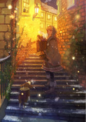 Rule 34 | 1girl, bag, black pantyhose, blonde hair, boots, brick wall, dog, gloves, grocery bag, holding, lantern, original, pantyhose, pon (cielo), scarf, shopping bag, smile, snow, snowing, solo, stairs, window, winter
