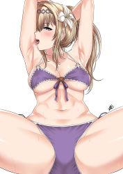 Rule 34 | 1girl, licking armpit, armpits, arms up, bad id, bad pixiv id, bikini, blonde hair, blue eyes, blush, breasts, collarbone, commentary, covered erect nipples, diadem, flower, front-tie bikini top, front-tie top, granblue fantasy, hair flower, hair ornament, highres, jeanne d&#039;arc (granblue fantasy), large breasts, licking, lily (flower), long hair, looking at viewer, millipen (medium), navel, open mouth, ponytail, purple bikini, side-tie bikini bottom, simple background, solo, spread legs, sweat, swimsuit, tongue, tongue out, traditional media, underboob, xter