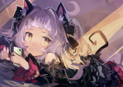 Rule 34 | 1girl, absurdres, animal ears, bare shoulders, black dress, blunt bangs, bow, cat ears, dress, frilled ribbon, frills, gothic lolita, hair ornament, hair ribbon, highres, hololive, kaamin (mariarose753), lolita fashion, long hair, long sleeves, looking at viewer, lying, murasaki shion, murasaki shion (gothic lolita), on stomach, phone, ribbon, silver hair, solo, tail, twintails, virtual youtuber, yellow eyes