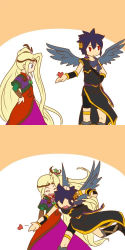 Rule 34 | 1boy, 1girl, angel, angel wings, anklet, arm grab, blonde hair, closed eyes, dark pit, dress, flower, flower hair ornament, flower on head, fluora, hand on another&#039;s head, hand on own hip, happy, heart, holding, holding heart, jewelry, kid icarus, kid icarus uprising, laurel crown, long hair, looking at object, looking away, nintendo, open mouth, red eyes, simple background, stitched, third-party edit, tunic, very long hair, viridi, wings