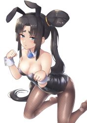 Rule 34 | 1girl, animal ears, bare shoulders, black hair, black leotard, blue eyes, blush, breasts, cleavage, covered navel, detached collar, fake animal ears, fate/grand order, fate (series), fishnet pantyhose, fishnets, kneeling, leotard, long hair, looking at viewer, medium breasts, open mouth, pantyhose, parted bangs, paw pose, pinta (ayashii bochi), playboy bunny, rabbit ears, side ponytail, solo, thighs, ushiwakamaru (fate), very long hair, wrist cuffs