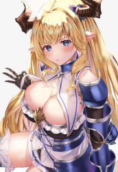 Rule 34 | 1girl, armor, blonde hair, blush, breasts, bush, cleavage, draph, gauntlets, granblue fantasy, grey background, highres, horns, large breasts, long hair, looking at viewer, pointy ears, razia, sg (satoumogumogu), simple background, solo, sweatdrop, thighhighs, thighs