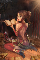 Rule 34 | 1girl, back, bare shoulders, book, boots, brown hair, from behind, glasses, green eyes, high heels, instant ip, long hair, million lore, ponytail, sitting, solo, square enix, sword, thigh boots, thighhighs, tongue, wariza, weapon