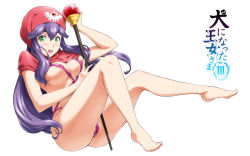 Rule 34 | 1girl, areola slip, barefoot, blush, breasts, cameltoe, chunsoft, dragon quest, dragon quest ii, enix, feet, green eyes, hat, highres, large breasts, legs, long hair, long legs, princess of moonbrook, purple eyes, purple hair, shin (sin-maniax), sideboob, slingshot swimsuit, solo, staff, swimsuit, thighs, weapon