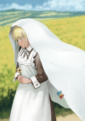 Rule 34 | 1girl, apron, bed sheet, blonde hair, blurry, clothes pin, day, depth of field, flower, highres, holding, holding flower, maid, maid apron, monono fumeme, original, outdoors, solo, yellow eyes