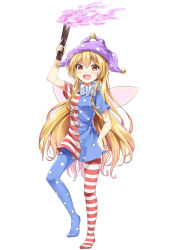 Rule 34 | 1girl, :d, absurdres, akiteru (akiteru98), american flag dress, american flag legwear, arm up, blonde hair, blush, breasts, clownpiece, commentary request, dress, fairy wings, full body, hair between eyes, hand on own hip, hat, highres, holding, holding torch, jester cap, long hair, looking at viewer, neck ruff, no shoes, open mouth, pantyhose, polka dot headwear, purple hat, red eyes, short dress, short sleeves, simple background, small breasts, smile, solo, standing, standing on one leg, star (symbol), star print, striped clothes, striped dress, striped pantyhose, thighs, torch, touhou, very long hair, white background, wings
