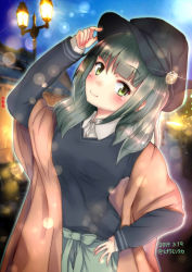 Rule 34 | 1girl, alternate costume, alternate hairstyle, black hat, black sweater, blouse, blush, brown shawl, closed mouth, collared shirt, dated, green eyes, green hair, green skirt, hat, highres, himura moritaka, kantai collection, lamppost, lens flare, long sleeves, looking at viewer, night, outdoors, shawl, shirt, skirt, smile, solo, sweater, twitter username, upper body, white shirt, yuubari (kancolle)
