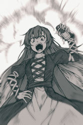 Rule 34 | 1girl, absurdres, black dress, commentary, dress, enoki, explosion, greyscale, hand on own hip, hand up, highres, hijiri byakuren, holding, juliet sleeves, layered dress, long hair, long sleeves, looking at viewer, monochrome, open mouth, puffy sleeves, shouting, solo, touhou, upper body, v-shaped eyebrows, white dress