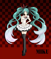 Rule 34 | 1girl, ahoge, aqua eyes, aqua hair, bad id, bad pixiv id, character name, checkered background, flower, hand on another&#039;s chest, hand on own chest, hatsune miku, high heels, legs, long hair, mary janes, shoes, skirt, solo, stardrop, thighhighs, twintails, very long hair, vocaloid, world is mine (vocaloid)