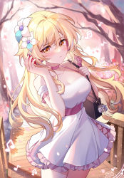 Rule 34 | 1girl, alternate costume, backlighting, bag, bag charm, bare arms, bare shoulders, beamed eighth notes, beamed sixteenth notes, blonde hair, blush, breasts, bridge, casual, charm (object), choker, cleavage, closed mouth, collarbone, cowboy shot, day, dress, eighth note, flower, frilled dress, frills, genshin impact, gou lianlian dogface, hair flower, hair ornament, hand on headphones, handbag, headphones, highres, long hair, looking at viewer, lumine (genshin impact), medium breasts, musical note, off-shoulder dress, off shoulder, orange eyes, outdoors, paimon (genshin impact), petals, pink choker, railing, shoulder bag, sleeveless, sleeveless dress, solo, spring (season), tree, very long hair, white dress, white flower