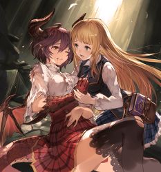 Rule 34 | 10s, 2girls, :o, ;d, ahoge, anne (shingeki no bahamut), asymmetrical arms, bag, black legwear, black vest, blonde hair, blood, blood from mouth, blouse, blue bow, blue neckwear, blue skirt, blunt bangs, blush, book, bookbag, bow, bowtie, breasts, clenched hand, collared shirt, couple, dirty, dirty clothes, dragon girl, dragon horns, dragon tail, dragon wings, dutch angle, eye contact, female focus, game cg, granblue fantasy, grea (shingeki no bahamut), green eyes, grin, hair between eyes, hand on own stomach, hime cut, holding hands, horns, indoors, injury, knee up, kneeling, lace, lace-trimmed legwear, lace trim, large breasts, leaning, leaning back, leaning forward, long hair, long sleeves, looking at another, manaria friends, medium breasts, meme attire, miniskirt, multiple girls, one eye closed, open mouth, plaid, plaid skirt, pleated skirt, pointy ears, purple hair, red eyes, red skirt, ruins, sad, school uniform, shingeki no bahamut, shingeki no bahamut: manaria friends, shirt, short hair, sitting, skirt, smile, tail, thighhighs, torn clothes, torn legwear, torn sleeves, vest, virgin killer outfit, white shirt, wince, wings, yuri, zettai ryouiki