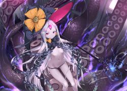 Rule 34 | 1girl, abigail williams (fate), abigail williams (third ascension) (fate), black bow, black hat, black panties, bow, commentary request, fate/grand order, fate (series), glowing, hat, hat bow, holding, holding key, key, long hair, looking at viewer, lowleg, lowleg panties, navel, orange bow, oversized object, pale skin, panties, parted bangs, print bow, purple eyes, revealing clothes, rui rubellent, sitting, skull print, solo, star (symbol), star print, suction cups, tentacles, topless, underwear, very long hair, white hair, witch hat