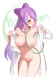 Rule 34 | 1girl, absurdres, bare shoulders, blush, breasts, cleft of venus, coat, creatures (company), curvy, doctor, game freak, green eyes, highres, large breasts, miriam (pokemon), navel, nintendo, nipples, nude, open clothes, open coat, pokemon, pokemon sv, purple hair, pussy, white coat, yichenzijihuweijian