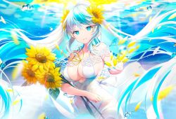 Rule 34 | 1girl, aqua hair, bare arms, bare shoulders, blue eyes, blue nails, breasts, cleavage, collarbone, dress, eureka iris, floating hair, flower, grin, halter dress, halterneck, highres, holding, kagachi saku, large breasts, liver city, long dress, long hair, looking at viewer, multicolored hair, nail polish, ponytail, see-through, sleeveless, sleeveless dress, smile, solo, spaghetti strap, sundress, sunflower, sunlight, two-tone hair, very long hair, virtual youtuber, water, white dress, white hair, yellow flower