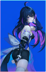 Rule 34 | 1girl, ahoge, bare shoulders, black shorts, blue background, butterfly tattoo, colored inner hair, commentary request, cowboy shot, detached sleeves, from behind, hand up, highres, honkai: star rail, honkai (series), le (huanglongen), long hair, looking at viewer, multicolored hair, open mouth, pink hair, purple eyes, purple scarf, scarf, seele (honkai: star rail), shorts, solo, tattoo, thighhighs, white thighhighs