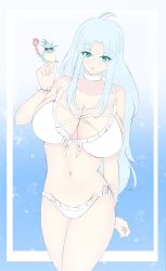 Rule 34 | 1girl, aqua hair, bare shoulders, blue eyes, breasts, cleavage, collar, estherelaitea, golden sun, highres, large breasts, long hair, mia (golden sun), navel, one-piece swimsuit, scrunchie, solo, swimsuit, white one-piece swimsuit