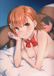 Rule 34 | 1girl, absurdres, bed sheet, blush, bow, bowtie, breasts, brown eyes, brown hair, closed mouth, collarbone, flower, hair flower, hair ornament, highres, looking at viewer, lying, medium hair, misaka mikoto, non-web source, nude, on bed, on stomach, pillow, raika9, red bow, red bowtie, scan, short hair, small breasts, solo, stuffed toy, toaru kagaku no railgun, toaru majutsu no index, upper body, white flower