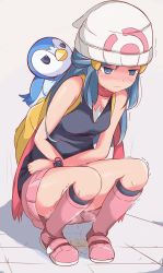 Rule 34 | 1girl, backpack, bag, bare shoulders, beanie, between legs, black shirt, black socks, blank eyes, blue eyes, blue hair, blush, boots, breasts, closed mouth, creatures (company), crying, dawn (pokemon), embarrassed, female focus, full body, game freak, gen 4 pokemon, grey background, hair ornament, hairclip, half-closed eyes, hand between legs, hat, have to pee, knee boots, kneehighs, long hair, matching hair/eyes, miniskirt, muroi (fujisan0410), nintendo, nose blush, pee, peeing, peeing self, pink footwear, pink skirt, piplup, poke ball symbol, poke ball theme, pokemon, pokemon (creature), pokemon dppt, puddle, red scarf, scarf, shiny skin, shirt, simple background, skirt, sleeveless, sleeveless shirt, small breasts, socks, solo focus, squatting, steam, sweat, tears, trembling, watch, wavy mouth, wet, wet clothes, white headwear, wristwatch