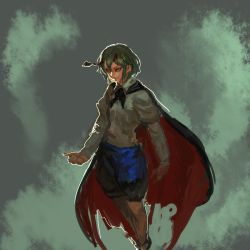 Rule 34 | 1girl, antennae, black cape, blue shorts, cape, closed mouth, commentary request, green background, green eyes, green hair, inishie kumo, juliet sleeves, long sleeves, looking at viewer, multicolored cape, multicolored clothes, one-hour drawing challenge, puffy sleeves, red cape, shirt, shorts, smile, solo, standing, touhou, white shirt, wing collar, wriggle nightbug