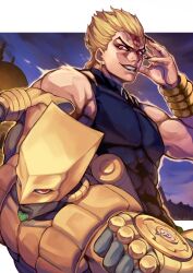 Rule 34 | 1boy, artist name, black nails, black shirt, blonde hair, bracer, clenched hand, closed mouth, dio brando, earrings, evil grin, evil smile, fingernails, green lips, grin, hand up, highres, jewelry, jojo no kimyou na bouken, lipstick, long fingernails, looking at viewer, makeup, male focus, muscular, muscular male, red eyes, sharp fingernails, shikabane (draw tadao14), shirt, short hair, sleeveless, sleeveless shirt, smile, spiked hair, stand (jojo), stardust crusaders, the world, upper body, v-shaped eyebrows