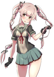 Rule 34 | 1girl, alternate hairstyle, black gloves, blush, breasts, comala (komma la), commentary request, fingerless gloves, gloves, hair flaps, hair ribbon, highres, holding, holding own hair, kantai collection, long hair, medium breasts, open mouth, pink hair, pleated skirt, red neckwear, ribbon, sailor collar, school uniform, serafuku, short sleeves, simple background, skirt, solo, twintails, white background, yellow eyes, yura (kancolle), yura kai ni (kancolle)