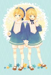 Rule 34 | 1boy, 1girl, ahoge, blonde hair, blue eyes, brown footwear, dress, feathered wings, frilled dress, frills, full body, gemini (kokoma), hair ornament, hairclip, holding hands, kagamine len, kagamine rin, lace-trimmed collar, lace trim, mary janes, mini wings, shoes, short hair, shorts, smile, socks, vocaloid, white shorts, white wings, wings