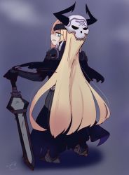 Rule 34 | 1girl, abigail williams (fate), armor, armored boots, armored dress, black cloak, black dress, blonde hair, blue eyes, boots, cloak, commentary request, cosplay, dress, fate/grand order, fate (series), from behind, full body, hand on hilt, highres, horned mask, horns, king hassan (fate), king hassan (fate) (cosplay), kujou karasuma, looking at viewer, looking back, mask, mask on head, planted, planted sword, planted weapon, profile, signature, skull mask, solo, spikes, standing, sword, weapon