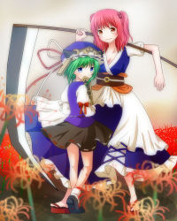 Rule 34 | 2girls, blue eyes, blurry, breasts, carrying, cleavage, covering own mouth, depth of field, dress, flower, from behind, gradient background, green hair, hair bobbles, hair ornament, hat, juliet sleeves, korin (ra-sky07), layered dress, long sleeves, looking at viewer, looking back, medium breasts, multiple girls, onozuka komachi, puffy sleeves, red eyes, red hair, rod of remorse, sandals, scythe, shiki eiki, short hair, short sleeves, shoulder carry, skirt, smile, spider lily, touhou, twintails, two side up, vest, wind