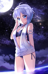 Rule 34 | 10s, 1girl, anastasia (idolmaster), bare shoulders, blue eyes, blush, breasts, cleavage, full moon, gendo0032, gendo0033, idolmaster, idolmaster cinderella girls, idolmaster cinderella girls starlight stage, looking at viewer, moon, short hair, silver hair, sky, solo, standing, star (sky), starry sky, swimsuit, swimsuit under clothes, wading, wet