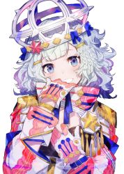 Rule 34 | 1girl, blue eyes, braid, epaulettes, gloves, grin, head tilt, headwear request, highres, looking at viewer, mika pikazo, multiple braids, original, silver hair, simple background, smile, solo, two side up, wavy hair, white background